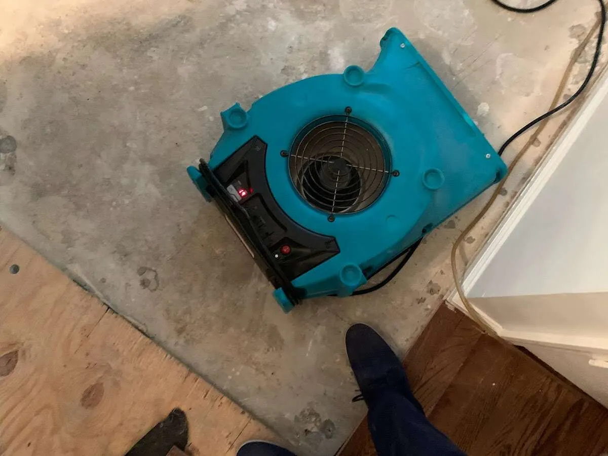 Air mover drying subfloor during Commercial Water Damage Restoration in Otis Orchards-East Farms
